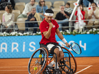 Tokito Oda of Japan competes in the Wheelchair Tennis Men's Singles Gold Medal Match against Alfie Hewett of the UK on Court Philippe Chatri...