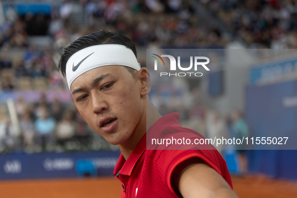 Tokito Oda of Japan competes in the Wheelchair Tennis Men's Singles Gold Medal Match against Alfie Hewett of the UK on Court Philippe Chatri...