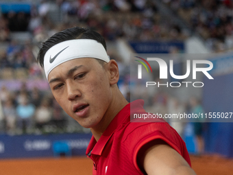 Tokito Oda of Japan competes in the Wheelchair Tennis Men's Singles Gold Medal Match against Alfie Hewett of the UK on Court Philippe Chatri...