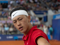 Tokito Oda of Japan competes in the Wheelchair Tennis Men's Singles Gold Medal Match against Alfie Hewett of the UK on Court Philippe Chatri...