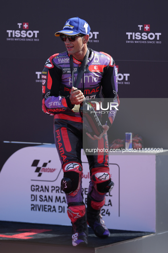 Jorge Martin of Spain and Prima Pramac Racing celebrate the victory of the Sprint Race of MotoGP Of San Marino at Misano World Circuit in Mi...