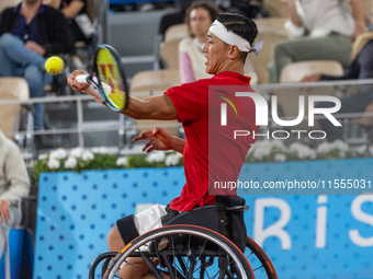 Tokito Oda of Japan competes in the Wheelchair Tennis Men's Singles Gold Medal Match against Alfie Hewett of the UK on Court Philippe Chatri...