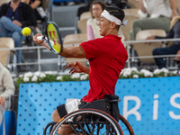 Tokito Oda of Japan competes in the Wheelchair Tennis Men's Singles Gold Medal Match against Alfie Hewett of the UK on Court Philippe Chatri...