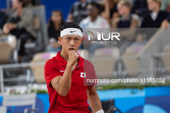 Tokito Oda of Japan competes in the Wheelchair Tennis Men's Singles Gold Medal Match against Alfie Hewett of the UK on Court Philippe Chatri...