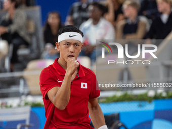 Tokito Oda of Japan competes in the Wheelchair Tennis Men's Singles Gold Medal Match against Alfie Hewett of the UK on Court Philippe Chatri...