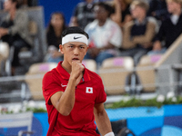 Tokito Oda of Japan competes in the Wheelchair Tennis Men's Singles Gold Medal Match against Alfie Hewett of the UK on Court Philippe Chatri...