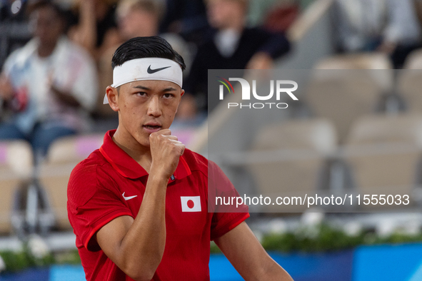 Tokito Oda of Japan competes in the Wheelchair Tennis Men's Singles Gold Medal Match against Alfie Hewett of the UK on Court Philippe Chatri...