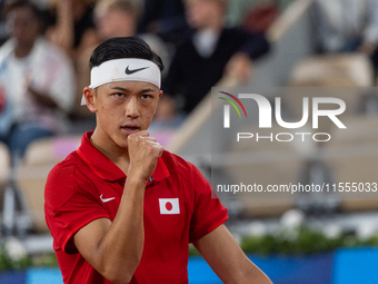 Tokito Oda of Japan competes in the Wheelchair Tennis Men's Singles Gold Medal Match against Alfie Hewett of the UK on Court Philippe Chatri...