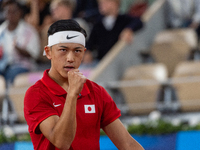 Tokito Oda of Japan competes in the Wheelchair Tennis Men's Singles Gold Medal Match against Alfie Hewett of the UK on Court Philippe Chatri...