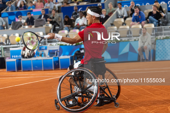 Tokito Oda of Japan competes in the Wheelchair Tennis Men's Singles Gold Medal Match against Alfie Hewett of the UK on Court Philippe Chatri...