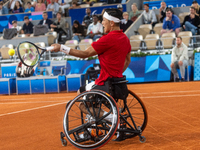 Tokito Oda of Japan competes in the Wheelchair Tennis Men's Singles Gold Medal Match against Alfie Hewett of the UK on Court Philippe Chatri...