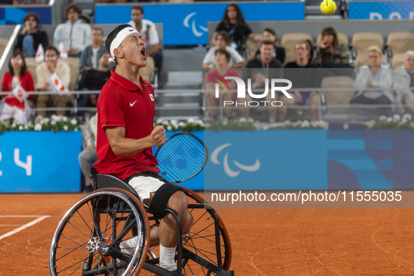 Tokito Oda of Japan competes in the Wheelchair Tennis Men's Singles Gold Medal Match against Alfie Hewett of the UK on Court Philippe Chatri...