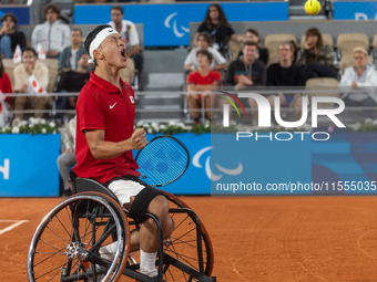 Tokito Oda of Japan competes in the Wheelchair Tennis Men's Singles Gold Medal Match against Alfie Hewett of the UK on Court Philippe Chatri...