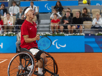 Tokito Oda of Japan competes in the Wheelchair Tennis Men's Singles Gold Medal Match against Alfie Hewett of the UK on Court Philippe Chatri...