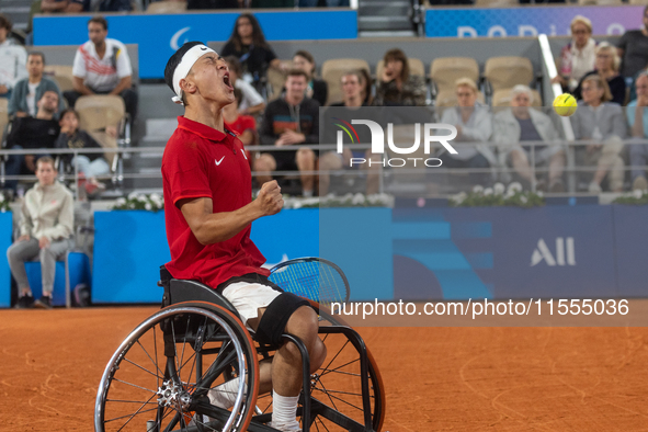 Tokito Oda of Japan competes in the Wheelchair Tennis Men's Singles Gold Medal Match against Alfie Hewett of the UK on Court Philippe Chatri...