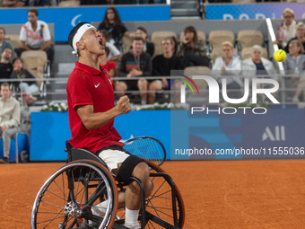 Tokito Oda of Japan competes in the Wheelchair Tennis Men's Singles Gold Medal Match against Alfie Hewett of the UK on Court Philippe Chatri...