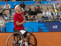 Tokito Oda of Japan competes in the Wheelchair Tennis Men's Singles Gold Medal Match against Alfie Hewett of the UK on Court Philippe Chatri...