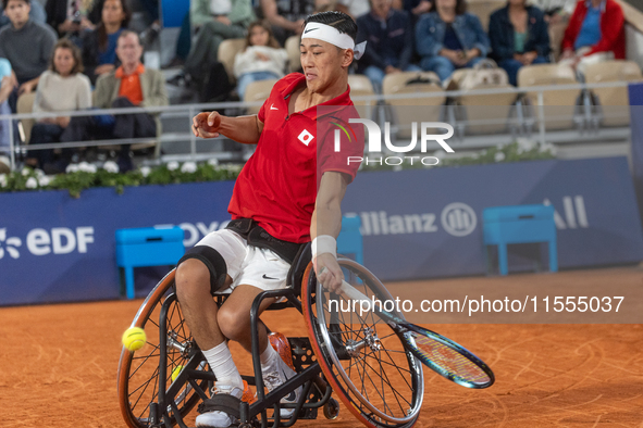 Tokito Oda of Japan competes in the Wheelchair Tennis Men's Singles Gold Medal Match against Alfie Hewett of the UK on Court Philippe Chatri...