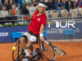 Tokito Oda of Japan competes in the Wheelchair Tennis Men's Singles Gold Medal Match against Alfie Hewett of the UK on Court Philippe Chatri...