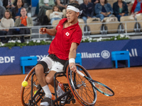 Tokito Oda of Japan competes in the Wheelchair Tennis Men's Singles Gold Medal Match against Alfie Hewett of the UK on Court Philippe Chatri...