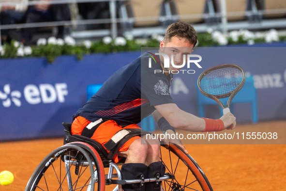 Alfie Hewett of the UK competes during the Wheelchair Tennis Men's Singles Gold Medal Match against Tokito Oda of Japan on Court Philippe Ch...