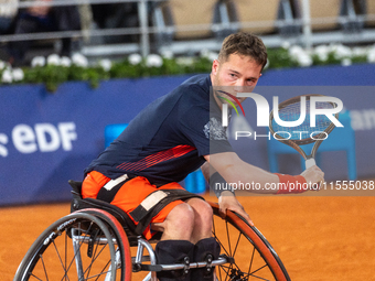 Alfie Hewett of the UK competes during the Wheelchair Tennis Men's Singles Gold Medal Match against Tokito Oda of Japan on Court Philippe Ch...