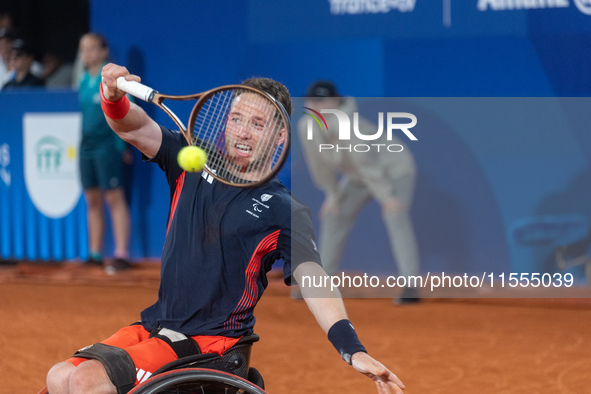 Alfie Hewett of the UK competes during the Wheelchair Tennis Men's Singles Gold Medal Match against Tokito Oda of Japan on Court Philippe Ch...