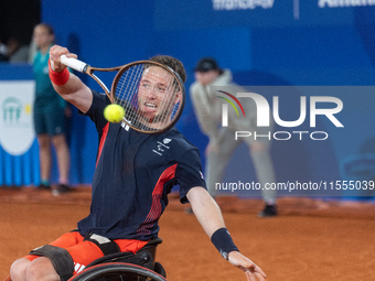 Alfie Hewett of the UK competes during the Wheelchair Tennis Men's Singles Gold Medal Match against Tokito Oda of Japan on Court Philippe Ch...