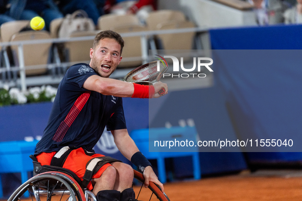 Alfie Hewett of the UK competes during the Wheelchair Tennis Men's Singles Gold Medal Match against Tokito Oda of Japan on Court Philippe Ch...