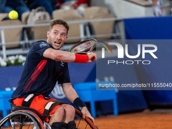 Alfie Hewett of the UK competes during the Wheelchair Tennis Men's Singles Gold Medal Match against Tokito Oda of Japan on Court Philippe Ch...