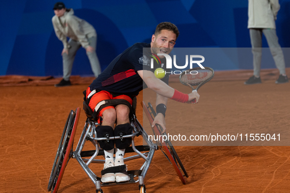 Alfie Hewett of the UK competes during the Wheelchair Tennis Men's Singles Gold Medal Match against Tokito Oda of Japan on Court Philippe Ch...