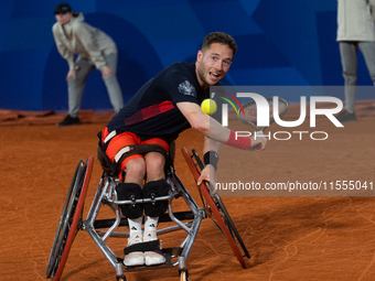 Alfie Hewett of the UK competes during the Wheelchair Tennis Men's Singles Gold Medal Match against Tokito Oda of Japan on Court Philippe Ch...