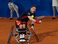 Alfie Hewett of the UK competes during the Wheelchair Tennis Men's Singles Gold Medal Match against Tokito Oda of Japan on Court Philippe Ch...