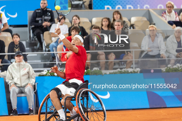 Tokito Oda of Japan competes during the Wheelchair Tennis Men's Singles Gold Medal Match between Alfie Hewett of the UK and Tokito Oda of Ja...