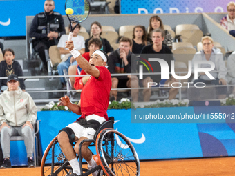 Tokito Oda of Japan competes during the Wheelchair Tennis Men's Singles Gold Medal Match between Alfie Hewett of the UK and Tokito Oda of Ja...