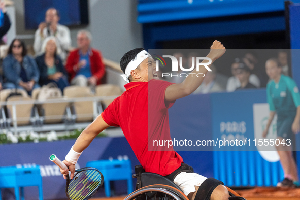 Tokito Oda of Japan reacts after he wins the gold medal in the Wheelchair Tennis - Men's Singles Gold Medal Match between Alfie Hewett of th...