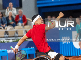 Tokito Oda of Japan reacts after he wins the gold medal in the Wheelchair Tennis - Men's Singles Gold Medal Match between Alfie Hewett of th...