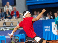 Tokito Oda of Japan reacts after he wins the gold medal in the Wheelchair Tennis - Men's Singles Gold Medal Match between Alfie Hewett of th...