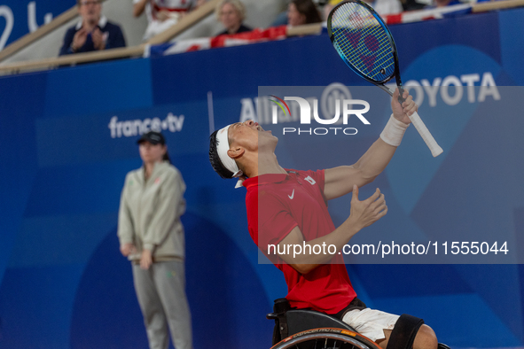 Tokito Oda of Japan reacts after he wins the gold medal in the Wheelchair Tennis - Men's Singles Gold Medal Match between Alfie Hewett of th...