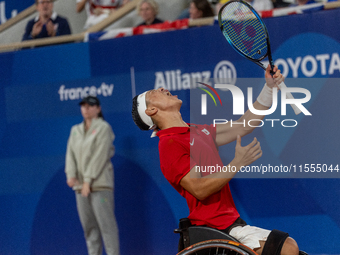 Tokito Oda of Japan reacts after he wins the gold medal in the Wheelchair Tennis - Men's Singles Gold Medal Match between Alfie Hewett of th...