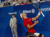 Tokito Oda of Japan reacts after he wins the gold medal in the Wheelchair Tennis - Men's Singles Gold Medal Match between Alfie Hewett of th...