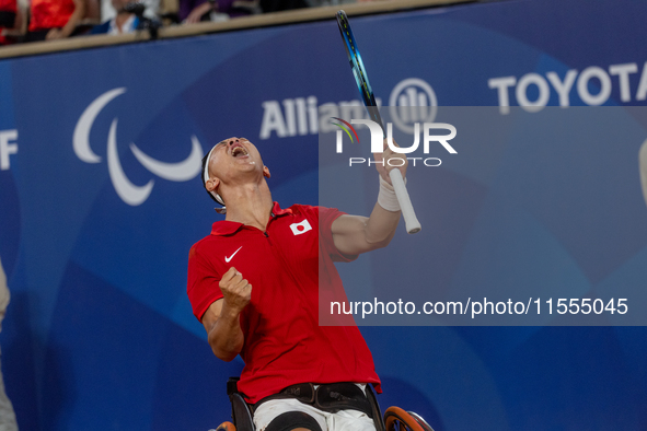 Tokito Oda of Japan reacts after he wins the gold medal in the Wheelchair Tennis - Men's Singles Gold Medal Match between Alfie Hewett of th...