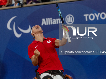 Tokito Oda of Japan reacts after he wins the gold medal in the Wheelchair Tennis - Men's Singles Gold Medal Match between Alfie Hewett of th...