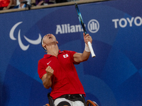 Tokito Oda of Japan reacts after he wins the gold medal in the Wheelchair Tennis - Men's Singles Gold Medal Match between Alfie Hewett of th...