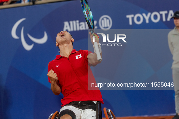 Tokito Oda of Japan reacts after he wins the gold medal in the Wheelchair Tennis - Men's Singles Gold Medal Match between Alfie Hewett of th...