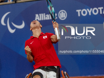 Tokito Oda of Japan reacts after he wins the gold medal in the Wheelchair Tennis - Men's Singles Gold Medal Match between Alfie Hewett of th...