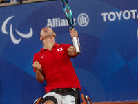 Tokito Oda of Japan reacts after he wins the gold medal in the Wheelchair Tennis - Men's Singles Gold Medal Match between Alfie Hewett of th...