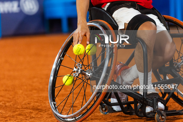 Tokito Oda of Japan competes during the Wheelchair Tennis Men's Singles Gold Medal Match between Alfie Hewett of the UK and Tokito Oda of Ja...