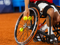 Tokito Oda of Japan competes during the Wheelchair Tennis Men's Singles Gold Medal Match between Alfie Hewett of the UK and Tokito Oda of Ja...