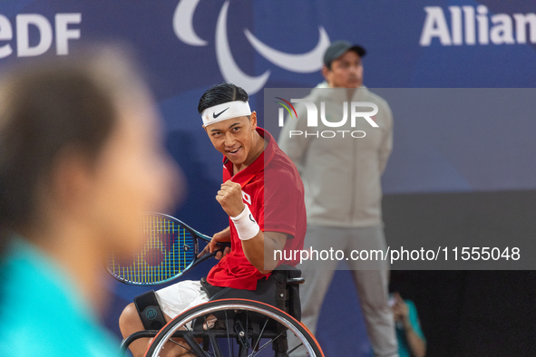 Tokito Oda of Japan reacts after he wins the gold medal in the Wheelchair Tennis - Men's Singles Gold Medal Match between Alfie Hewett of th...